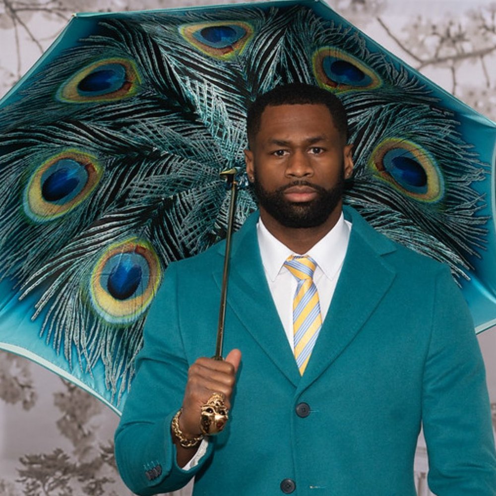 Mens Turquoise Umbrella with Printed Peacock Design